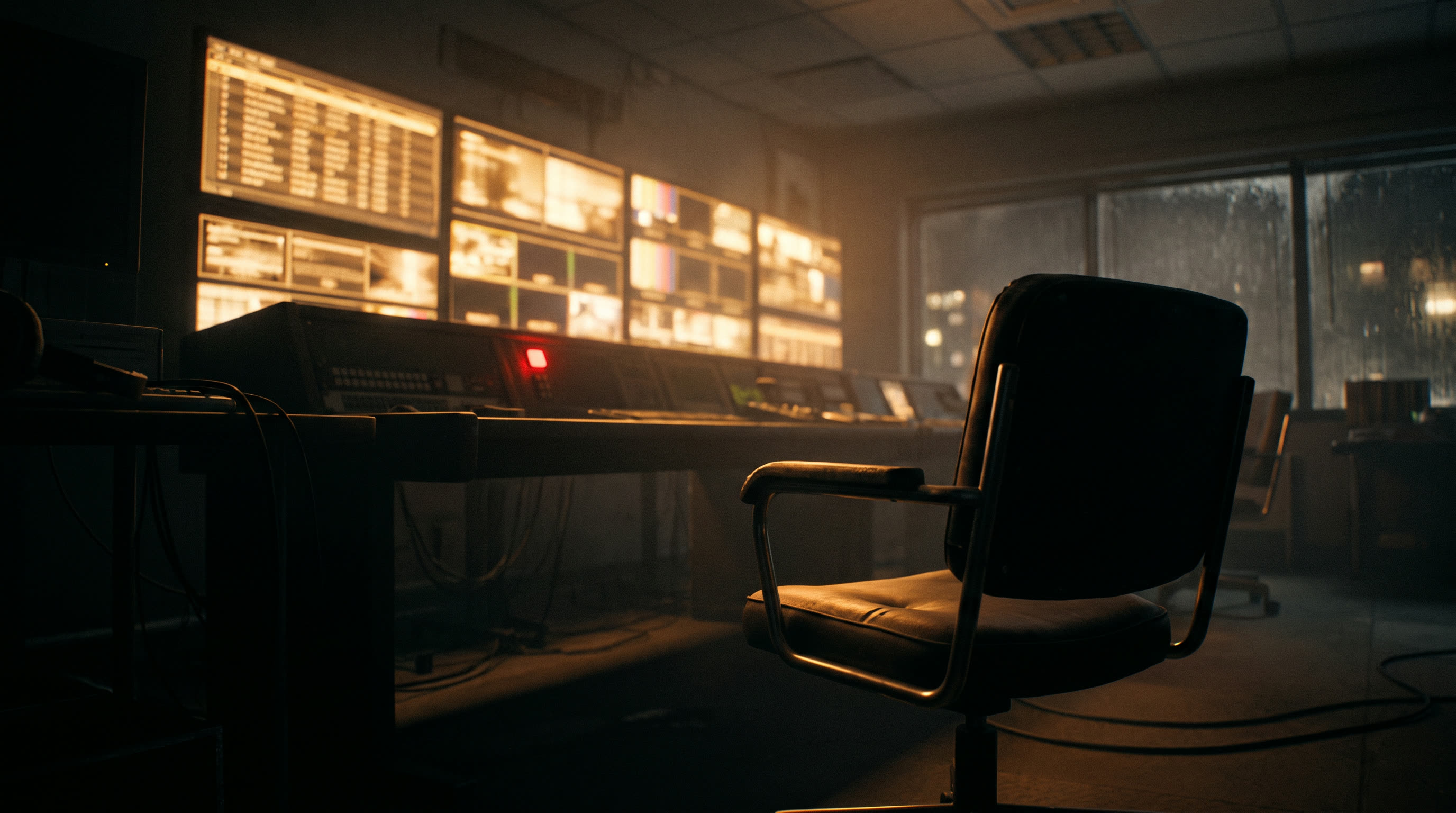 A dark room of monitors watching a live room in real time