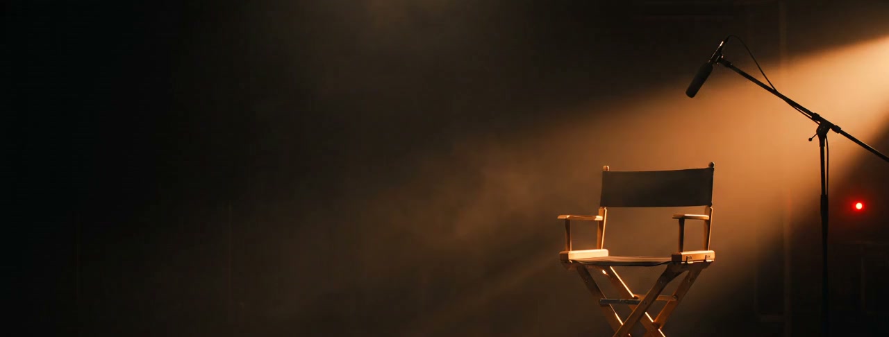 An empty director's chair and boom microphone lit by a single warm light in a dark studio, ready for a live conversation