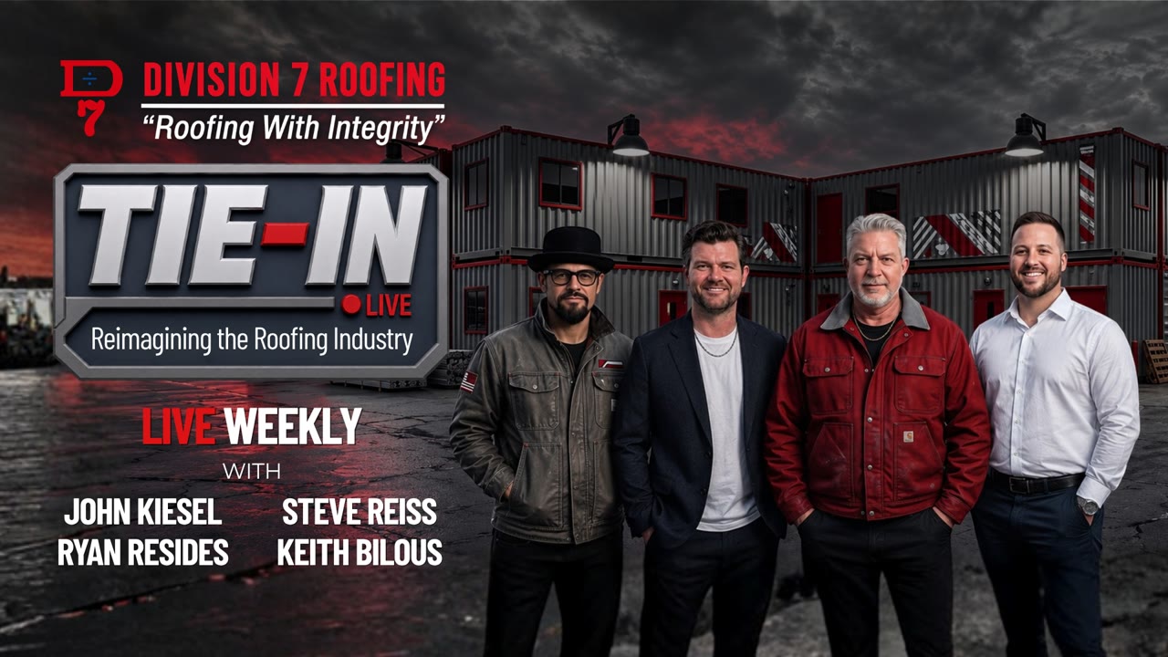 The Tie-In LIVE promotional artwork for Division 7 Roofing, featuring John Kiesel, Ryan Resides, Steve Reiss, and Keith Bilous